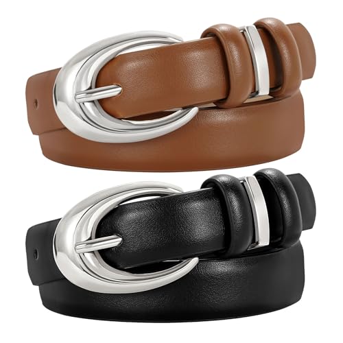 Image of TRIWORKS 2 Pack Women Leather Belt for Jeans Pants Fashion Ladies Faux Leather Belt with Gold Buckle