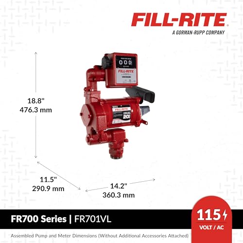 Image of Fill-Rite FR701VL 115V 75 LPM Fuel Transfer Pump with Standard Mechanical Meter Package, Liters | For Gasoline, Diesel, Kerosene, Ethanol Blends, Methanol Blends & Biodiesel up to B20