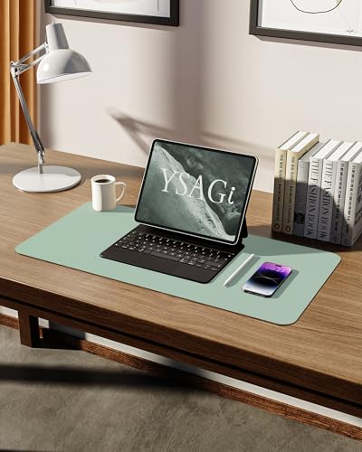 Image of YSAGi Leather Desk Mat, Large Mouse Mat, 60 x 35 cm, Light Green | Non-Slip Desk Pad, Keyboard Mat, Waterproof Table Protector Desk Accessories for Office & Home