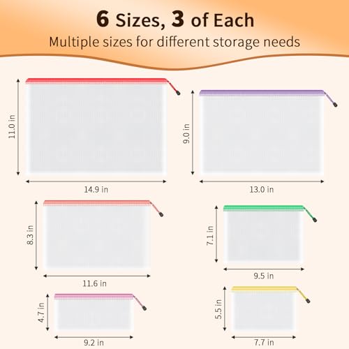 Image of Umriox Zipper Mesh Document Pouch, 6 Assorted Size (6 Colors, 18 Packs), Clear Zipper Pouches, Waterproof Zipper Pouches for Craft Projects Office Supplies Cosmetics Travel Storage