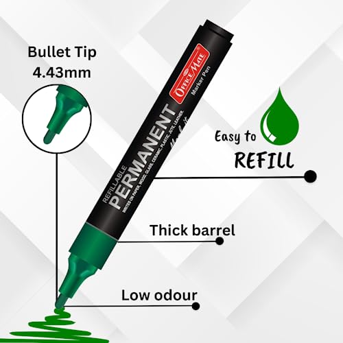 Image of Soni OfficeMate Permanent Marker - Green | Refillable, Thick Barrel Design | Quick-Drying, Waterproof & Fade-Resistant | Alcohol-Based Ink, Non-Bleeding | Multi-Surface Use - Plastic, Glass, Ceramic,