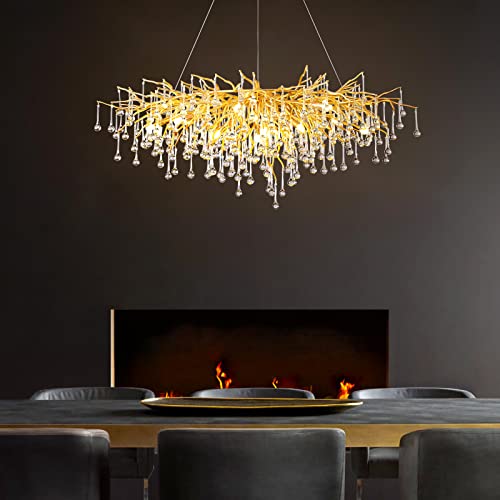 Yiosi Modern Crystal Rectangular Chandelier, Gold Branch Lighting Frosted Raindrop Large Kitchen Island Hanging Light Fixture For High Ceiling, Dining Room, Foyer (L45 Rectangle) #TOP3