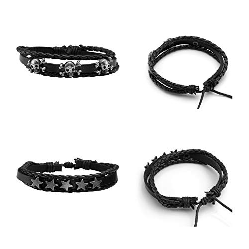 MILAKOO Leather PU Braided Bracelets for Men Women Skull Black Wristband Halloween Punk Enthusiasts2