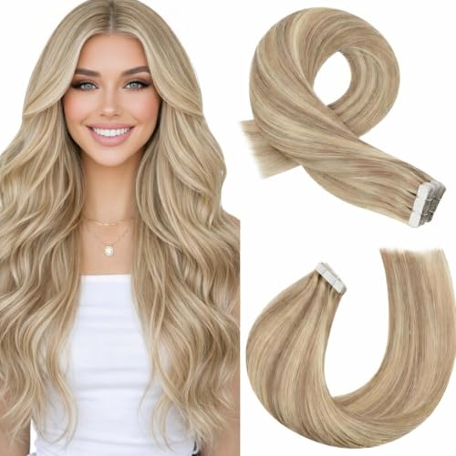 Image of Moresoo Tape Extensions Human Hair Honey Blonde Highlights 24in 20Pcs 50g | Seamless tape in hair extensions human hair, extra-long strands, warm blonde blend for braids and photo shoot styling