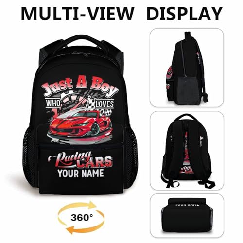 School Backpack for Boys, Personalized with Name Racing Car Backpacks for Students Kids 6-8, 17 Inches Cartoon Bookbag with Pockets for Kindergarten, Primary, Elementary, Back to School Supplies4