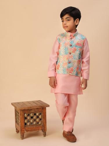 Image of Pro-Ethic Style Developer Kids Kurta Set For Boys With Waist Coat, Ethnic Wear for Diwali, Eid, Raksha Bandhan, Jacquard, Floral Print (Pack of 1)