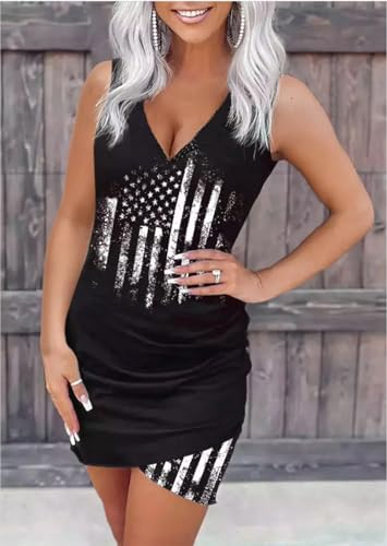 Image of American Flag Ruched Wrap Sleeveless Mini Dress Women 4th of July Patriotic Tank Dress Sexy V Neck Holiday Party Dress