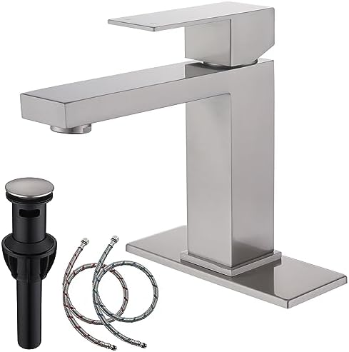 Single Hole Bathroom Faucet, AmirLans Stainless Steel Brushed Nickel Bathroom Faucet with Pop Up ...