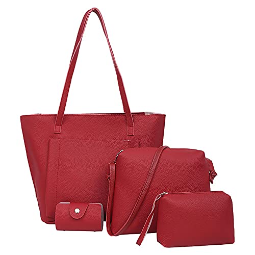 Monbof 4pcs Women Fashion Bags 2021 New Handbag, Crossbody Bags, Wallets, Card Package, Leather Tote Shoulder Bag Set D-red