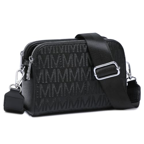 MKP COLLECTION Bolsas transversais para mulheres pequenas bolsas de ombro com alça larga ajustável, design de zíper triplo, Preto, Small