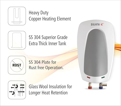 Image of Sujata Instant Water Heater | 3 Litre - 5 Years Warranty on Inner Tank & 3 Years on Overall Product | Geyser, Water Heater, 3KW, 5 Level Safety, 6 Bar Pressure, Rust & Shock Proof - IWH09
