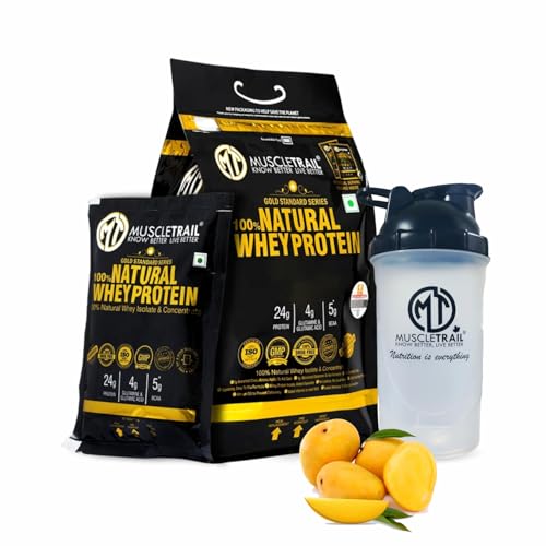 Image of MUSCLETRAIL Gold Standard Series,60 Pouches,Low Carb & Fat,24 G Natural Whey Protein Powder,Shaker Inside ( Mango),2 Count,1086 Grams