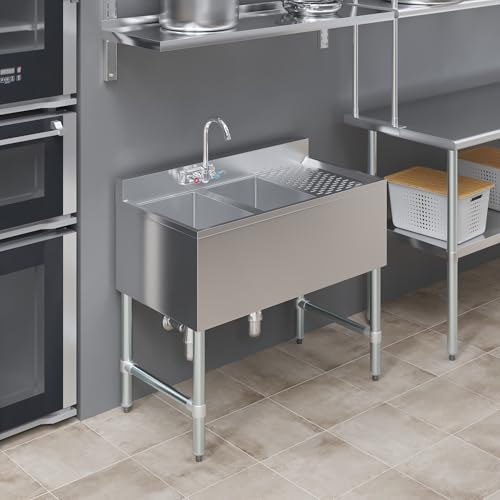 Image of AmGood 36 in. x 19 in. Two Compartment Under Bar Sink With 12 in. Right Drainboard | Stainless Steel Commercial Two Bowls Underbar Sink NSF.