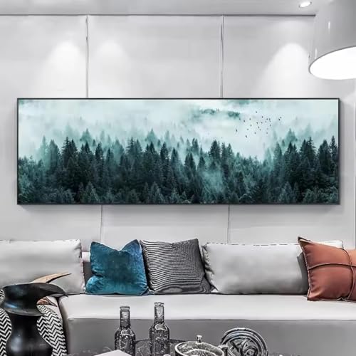 Toile art peinture paysage brumeux 30x90cm de forêt de pins