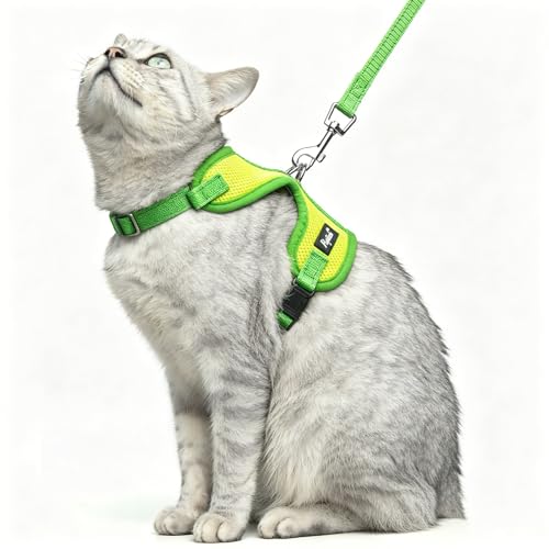 PUPTECK Cat Harness and Leash Set Escape Proof, Reflective Adjustable Soft Mesh Pet Vest Harness for Walking Travel, Green S