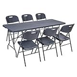 Hortan Set Tavolo Rettangolare Con 6 Sedie Pieghevoli Con Piano In Resina E Struttura Richiudibile Salvaspazio In Acciaio, Per Arredo Esterno, Interno, Giardino, Terrazzo e Campeggio