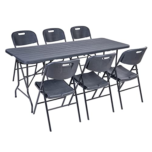 Hortan Set Tavolo Rettangolare Con 6 Sedie Pieghevoli Con Piano In Resina E Struttura Richiudibile Salvaspazio In Acciaio, Per Arredo Esterno, Interno, Giardino, Terrazzo e Campeggio