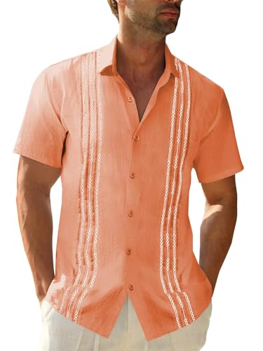 Mens Linen Guayabera Shirts Short Sleeve Summer Beach Casual Cuban Shirt