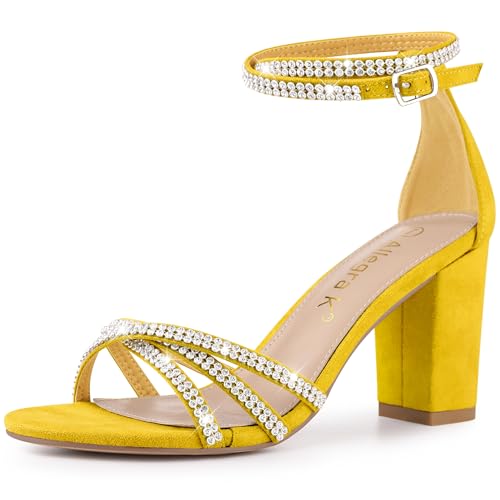 Allegra K Women's Rhinestone Ankle Strap Chunky Heel Sandals Yellow 6 UK/Label Size 8 US