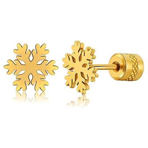 Hopply Titanium Screw Back Stud Earrings for Women's Gifts,Winter Snowflake Christmas Jewellery,Hypoallergenic Surgical Stainless Steel 20G Helix Piercing Post for Sensitive Ears (Snowflake-Gold/8mm) Cover