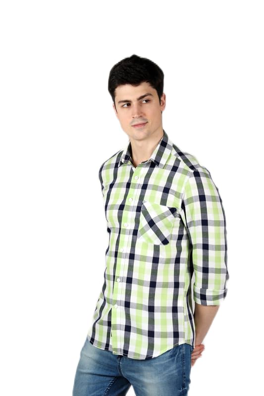 OZMODMen's Casual Checked Slim Fit Cotton Full Sleeves Regular Collared Shirt (White)