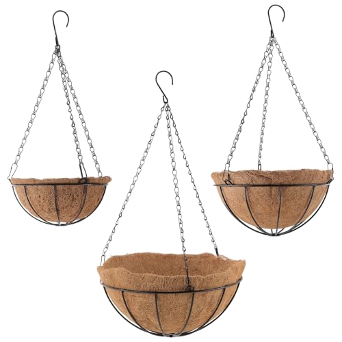 MOUYAT 3 PCS Hanging Baskets Outdoors, 8 Inch, 10Inch, 12 Inch Metal Hanging Planter Basket With Coco Liner, Round Wire Hanging Plant Pot for Indoor Outdoor Garden Decoration