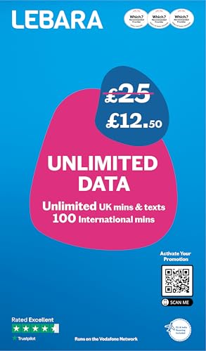 Lebara Carte SIM mobile avec forfait de données illimité pour 12,50 £, moitié prix pour les 3 premiers mois, sans contrat, appels britanniques, SMS, minutes internationales, itinérance européenne et
