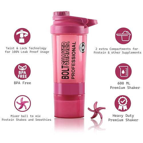 Image of Zyro Protein Funnel & Bolt Protein Shaker Bottle with Blending Mixer Ball 600 ml Shaker (Pack of 2, Multicolor, Plastic)
