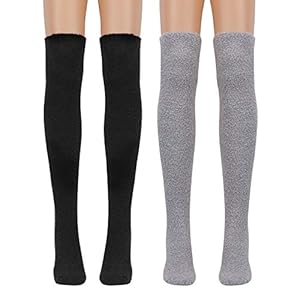 QKURT 2 paar pluizige dijhoge sokken, vrouwen meisjes kniekousen koraal fleece warm zacht over de knie sokken voor de winter, Zwart & Grijs, one size
