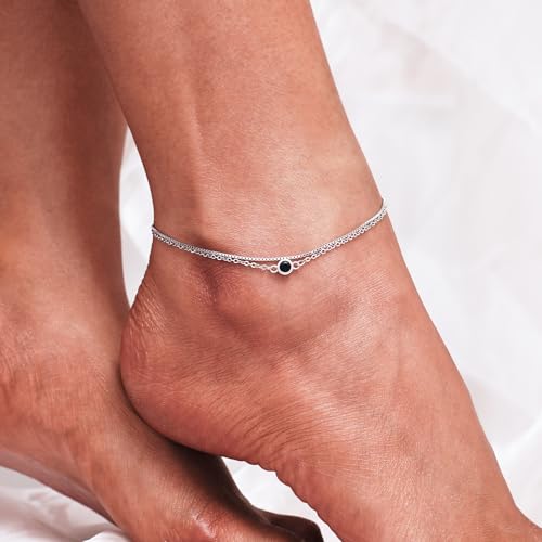 Image of CHIC & ARTSY 925 Sterling Silver Ankle Bracelets for Women, Adjustable Double Layer Chain Anklets, Minimalist Lightweight Foot Jewelry for Beach & Everyday Wear