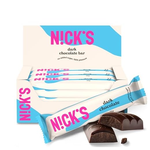 NICKS Cioccolato Fondente Vegan Barrette Keto Senza Zucchero Aggiunto, 1.1g Carboidrati Netti, 107 Calorie, Dolci Low Carb Snack Bar Senza Glutine Senza Lattosio (15 Dark Chocolate x 25g)