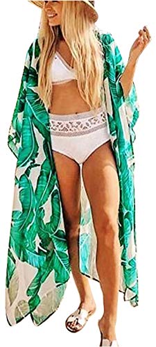 Kimonos for Women Swimwear Beach Cover Up Flowy Kimono Cardigan Open Front Maxi Dress (Green,Print 7)