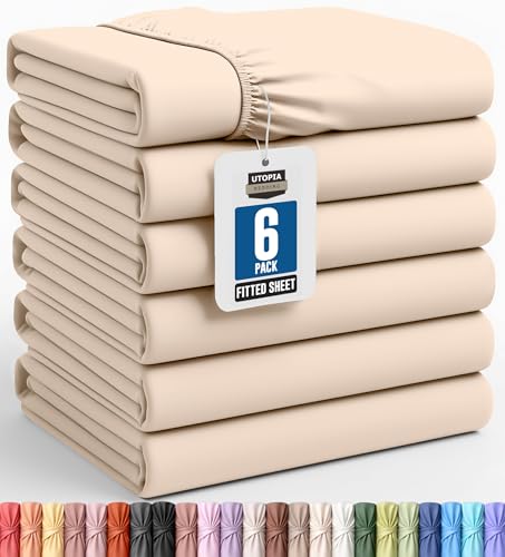 Image of Utopia Bedding Twin Fitted Sheets - Bulk Pack of 6 Bottom Sheets - Soft Brushed Microfiber - Deep Pockets - Shrinkage & Fade Resistant - Easy Care (Beige)