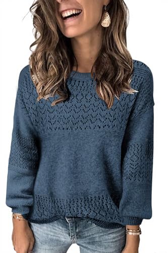 Image of JOCAFIYE Fall Clothes School Outfits for Teachers Crewneck Solid Sweaters for Women Contrast Ribbed Knit Jumpers Pullover Long Sleeve Casual Loose Fit Sweater Tops Dark Blue Medium