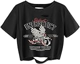 Avanova Women Graphic Crop Top Short Sleeve Oversized Ripped Tee Shirt Black Moto Large