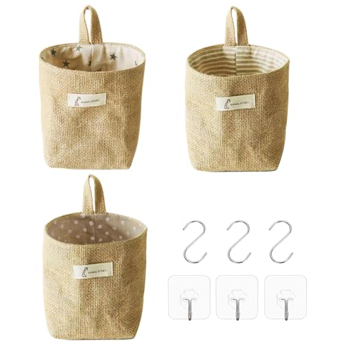 Hängekorb Baumwolle Leinen, 3 Stück Korb zum Aufhängen mit S Griff und J Haken,Abnehmbar Hängeorganizer, Hängekörbe Bad, Hänge Organizer, Wandorganizer Hängend, Aufbewahrung Hängend für Zimmer