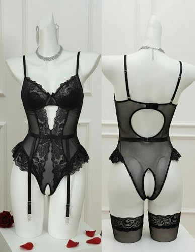 Image of Avidlove Lingerie for Women Mesh Lace Bodysuit Sexy Wireless Garter Lingerie Set Teddy Lingerie(No Stockings)