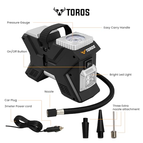 Image of TOROS Premium Heavy-Duty Tyre Inflator /Air Compressor,120 Watts, Copper Armature, Metal Cylinder, 35 Liters Per Minute, 12V Dc, 150 Psi 15 Months Warranty (PREMIUM)