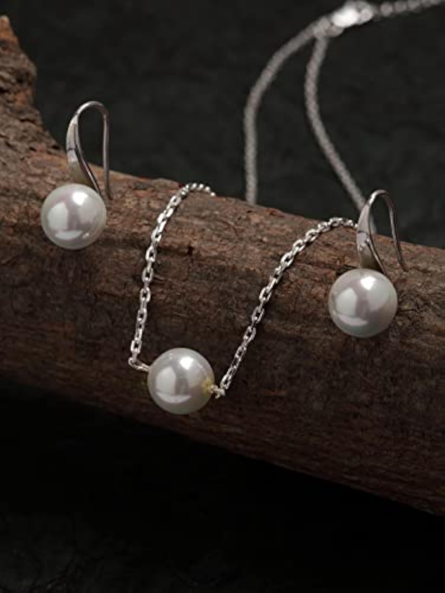 Women's Sterling Silver and Pearl Pendant Earrings Set