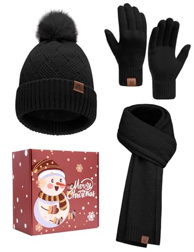 heekpek Conjunto Bufanda Gorro Guantes Termicos Invierno Mujer Set Estuche Regalo Conjuntos Punto Navidad Gifts, Negro