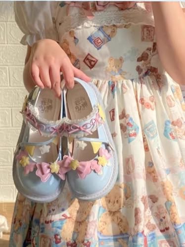 ZQW Women's Kawaii Lolita Mary Jane Shoes Bow Star Round Toe Flat Lace Trim Sweet Cute Ankle Strap for Cosplay Daily Wear Party Dressy Shoes2