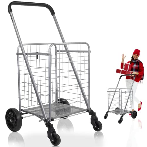 Shopping Cart With Wheels, Realife Folding Utility Cart With Brake For Grocery, Holds Up To 90Lbs, Silver #TOP20