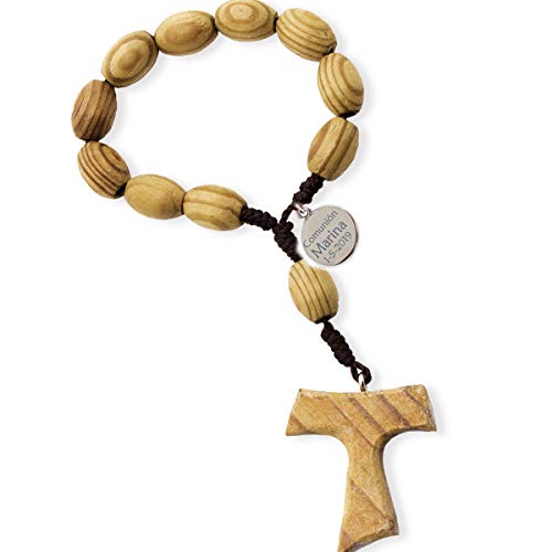 Curia Grabador Rosario de madera de mano TAU, PERSONALIZADO con charm con el texto que quieras. Para regalar en eventos católicos. Pack 6 unidades
