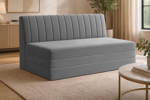 Image of Modern Velvet 3-Seater Sofa Cum Bed, Convertible Sleeper Couch Sofa for Living Room, Bedroom & Office- Grey Color