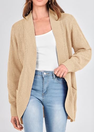 Image of KIRUNDO Cardigan Sweaters for Women 2024 Fall Open Front Long Sleeve Loose Lightweight Knit Sweater Coat with Pockets(Apricot, Large)