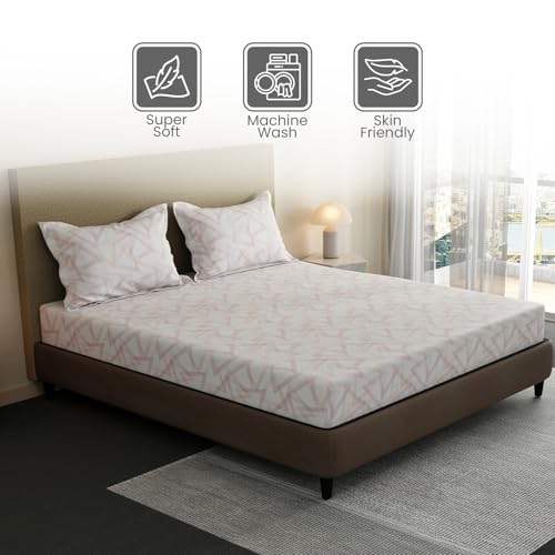 Image of Layers 100% Cotton Fitted Sheet for King Size Bed | Lumina Floret Collection | 144 TC Soft & Breathable | Geometric with 2 Pillow Covers | Wrinkle Free & Colorfast | 3 Pc Bedding Set - Pink