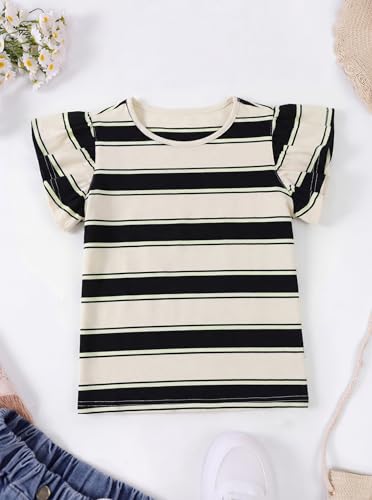 Image of Girls Striped Shirt Flutter Sleeve Top Crewneck Cute Summer T Shirts Casual Tees Black Apricot 9-10 Years