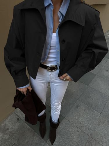 Cicy Bell Womens Cropped Trench Coats Pleated Button Down Short Jackets Fall Casual Lapel Loose Fit Outerwears3