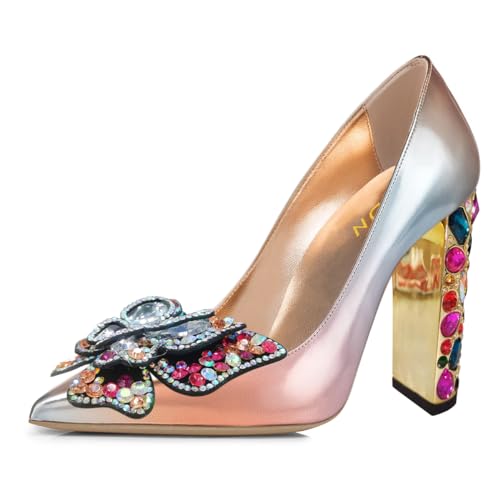YDN Women Bow Pump Butterfly Slip on Rhinestone Chunky High Heels Pointed Toe Studded Shoe Fashion Party Dance Size 4-16 US