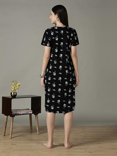 Image of 9shines Label Hosiery Cotton Knee Length Short Night Dress | Short Nighty for Women with Pocket | Graphic Print Nightwear | Night Gown for Women (M-7XL)